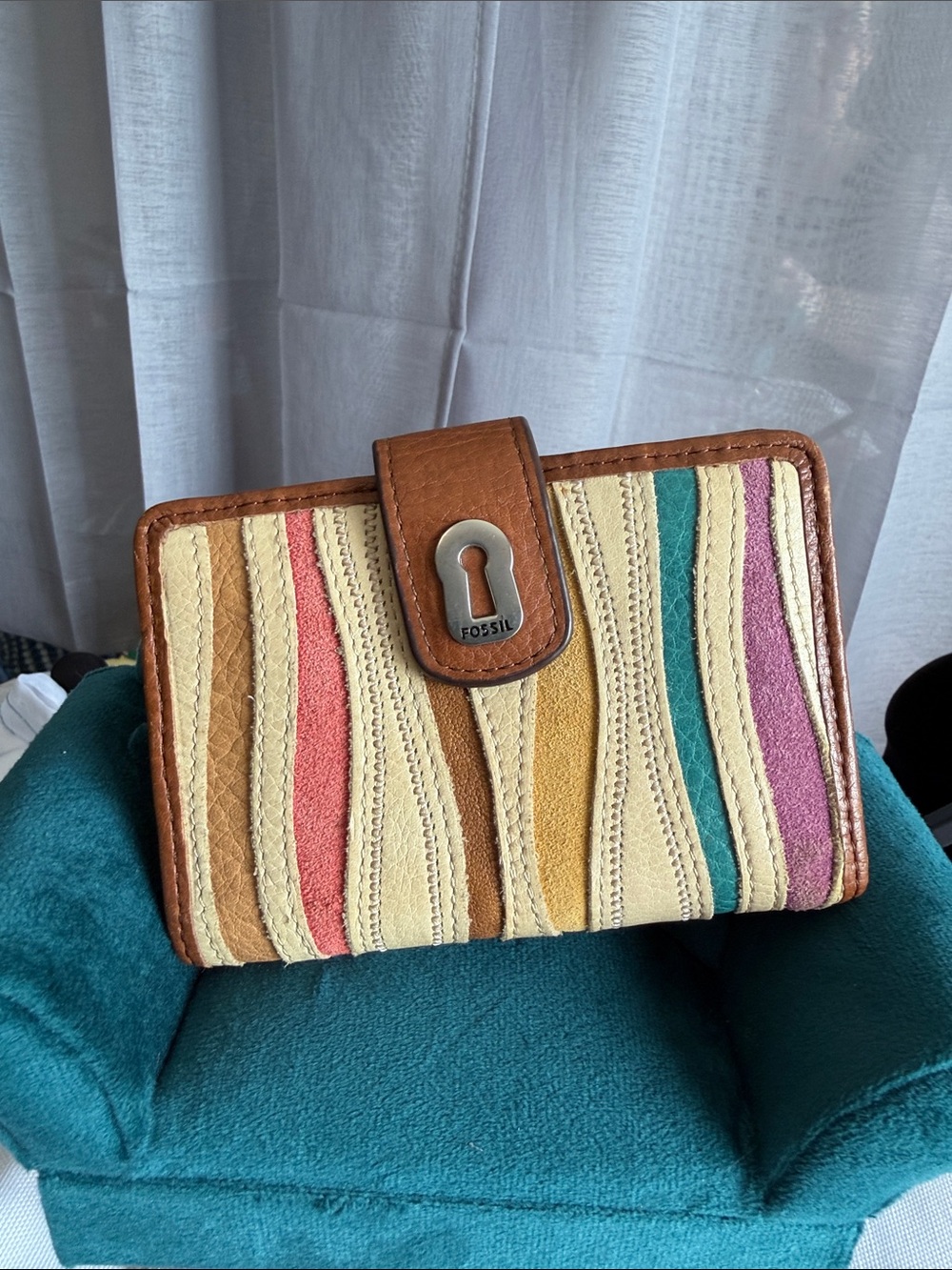 Fossil Multicolor Suede Striped Leather Wallet with Brown Trim